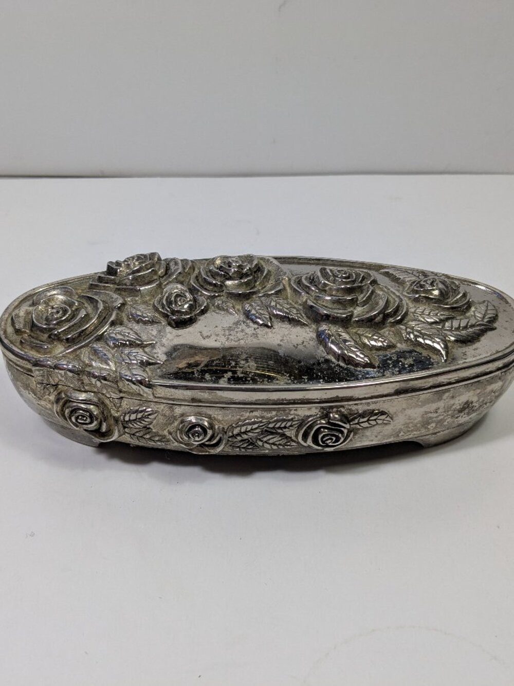 Floral Rose Silver Tone Metal 3D Textured Oval Jewelry Box Maroon Velvet Lined
